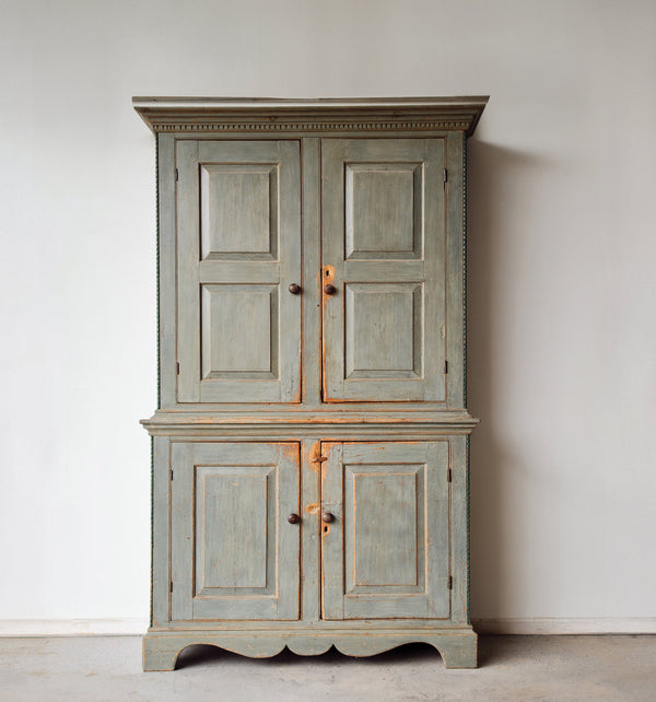18TH CENTURY BLUE PAINTED STEP BACK CUPBOARD Vintage FOUND | MARKED