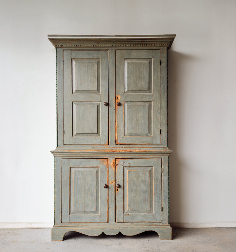 18TH CENTURY BLUE PAINTED STEP BACK CUPBOARD Vintage FOUND | MARKED